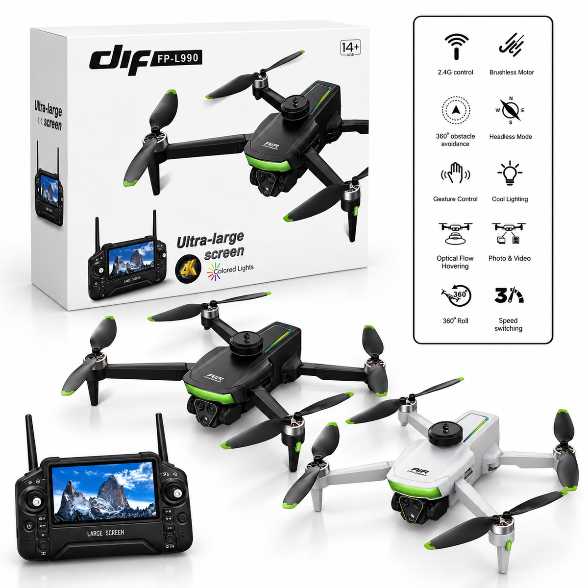 FP-L990 4K Foldable Drone with Screen Controller & 360° Obstacle Avoidance